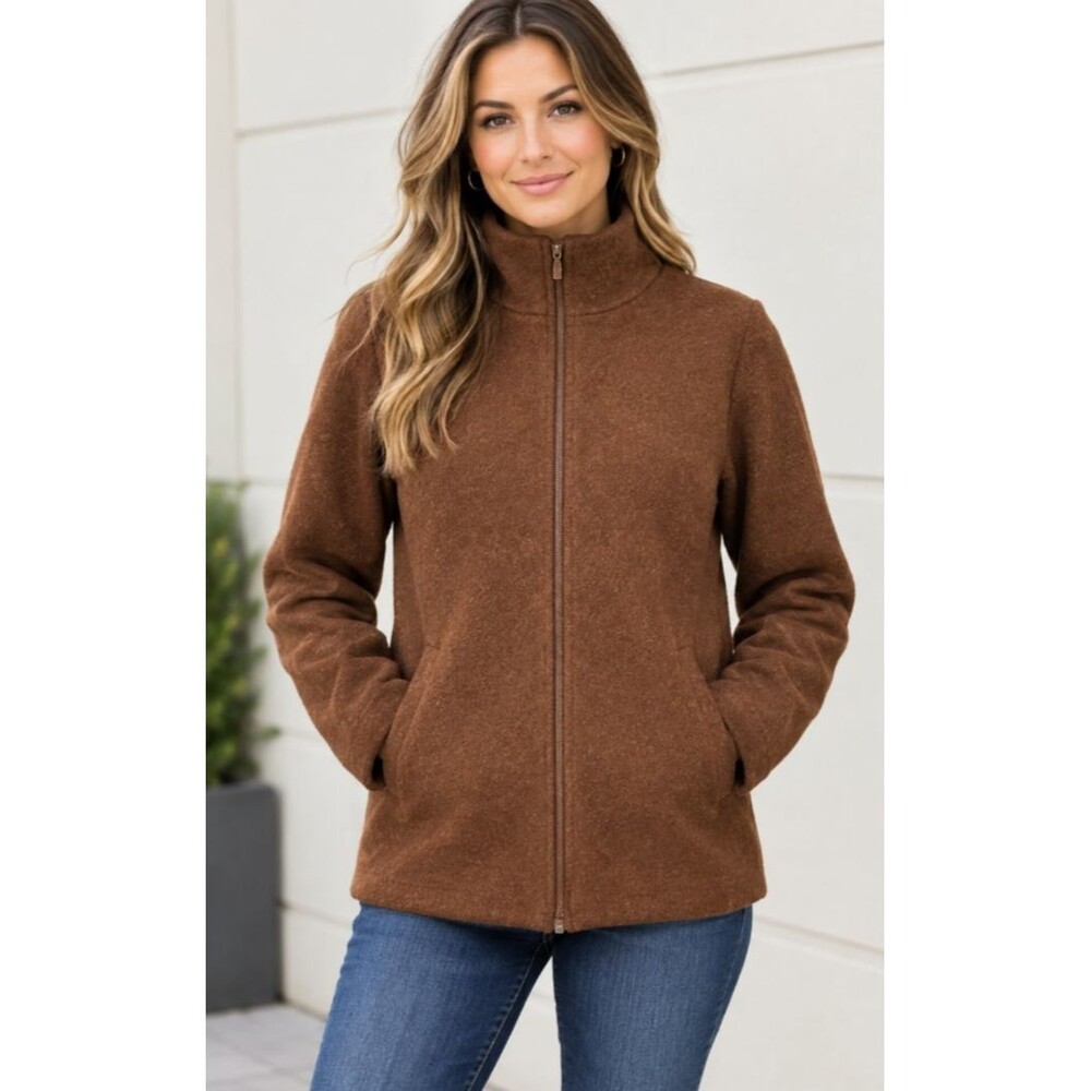Eileen Fisher Boiled Wool Full-Zip Jacket Womens M Chocolate Brown Mock Pockets